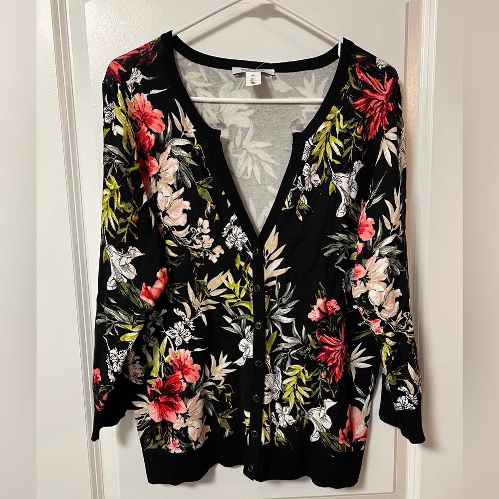 White House Black Market Floral Cardigan - Black and Red